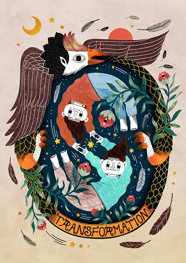 插畫家 ChiuRoad 手路
手路目前為自由插畫家,現於台中經營個人工作室/手路ChiuRoad Studio。除了商業接案,也持續投入藝術創作,有過多次聯展及個展經驗。插畫作品常見於書籍雜誌、產品包裝及活動主視覺等。曾獲金鼎插畫獎及金點設計獎標章。
創作理念
一正一反的兩個人構成了一個無限的符號象徵著自我的生生不息。
關於進化,總是得反覆經過許多精神上大大小小的死亡去换取一次又一次的重生,人們被生命的洪流翻攪著,擾動著,但同時也藉著這股捲動,將內在的限制拋離,經由深層的淨化達到自我的進化。
外圈的老鷹正吞噬著自己,老壞的羽毛一根根掉落,我將老鷹描繪一個圈,這是轉譯自埃及的圖腾符號“銜尾蛇”而来。「我的終结也是我的開始。」 是這個符號的寓意殺死了自己又給自己帶來生命,餵養自己同時也誕生自己。生命的衝突往往具有轉化的能量,而人們便在這反覆循環中逐步完整自己。